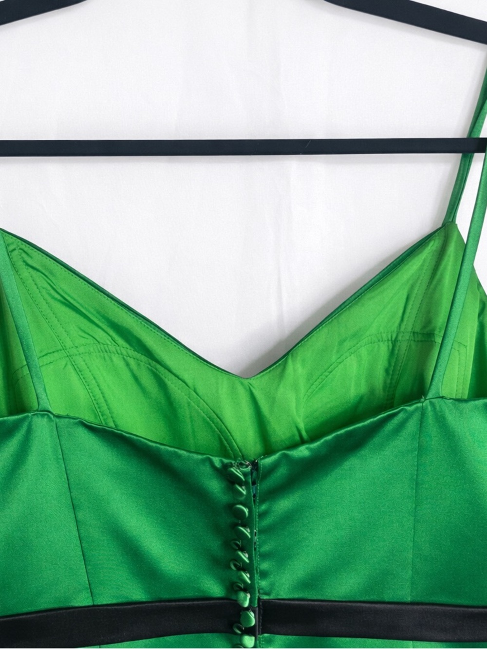 Symphony of Venus Emerald Green Satin Maxi Dress with Black Ribbon - Picture 6 of 10